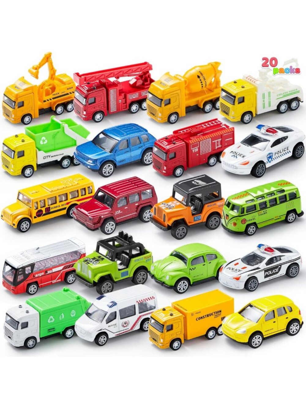 20PCS Pull Back Die Cast Metal Cars Set | Kids Party Favors & Cake Toppers